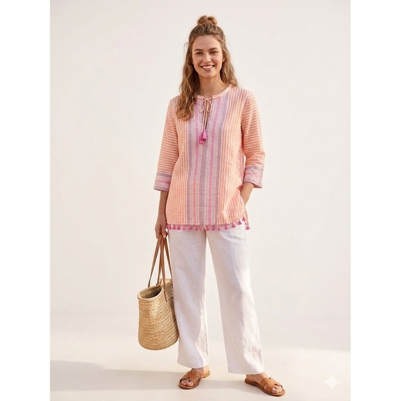 J.Crew Tops - J.Crew Tunic Top Swimsuit Coverup XL Orange Pink Striped Linen Cotton Tassels